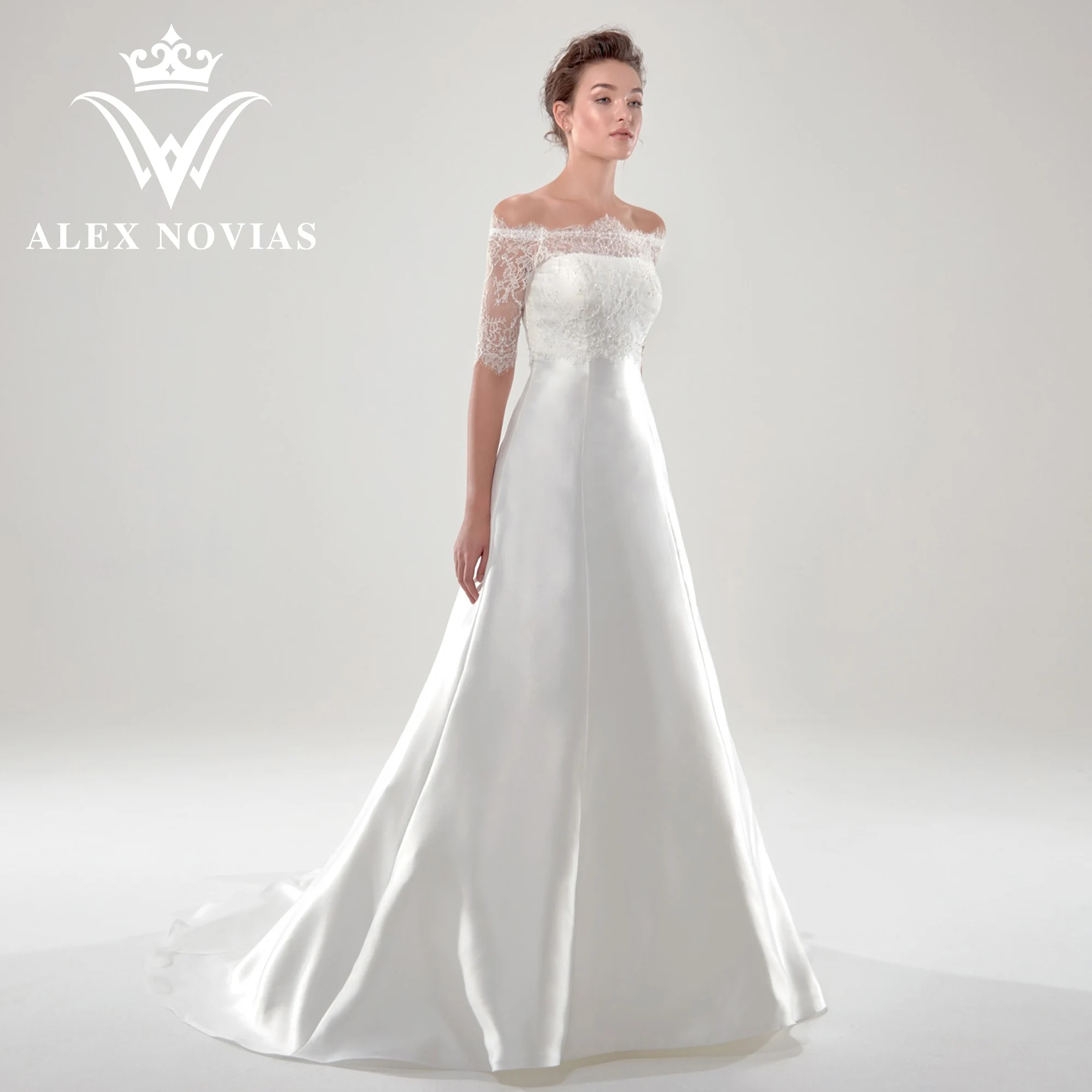 

ALEX NOVIAS A-Line half Sleeve Satin Wedding Dress 2023 Classy Boat Neck Lace Button Wedding Gown Sweep Vestido Novias De Saten