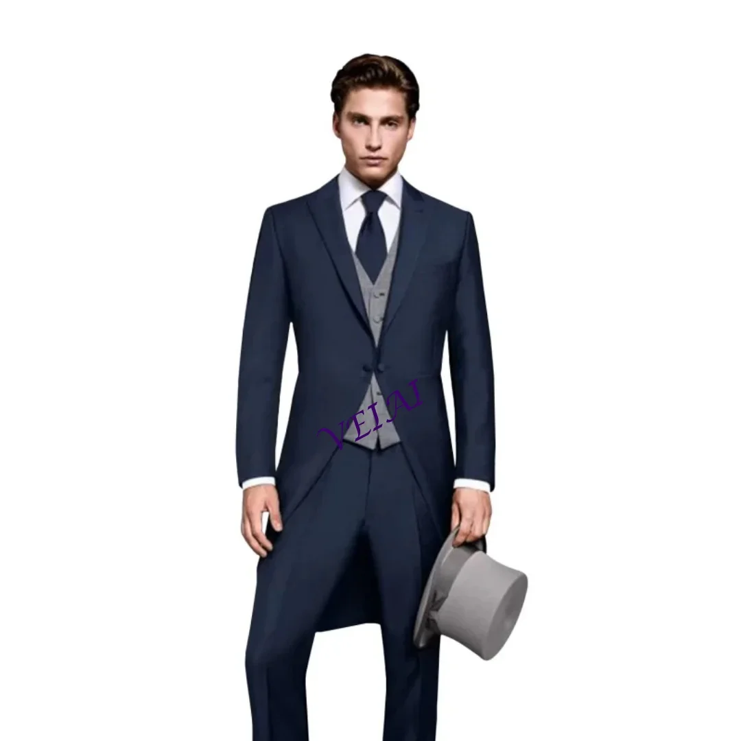 

CustomizedMen's Navy Blue 3-Piece Tailcoat Suit - 1-Button Peak Lapel Wedding Tuxedo (Jacket+Waistcoat+Trousers) | Formal
