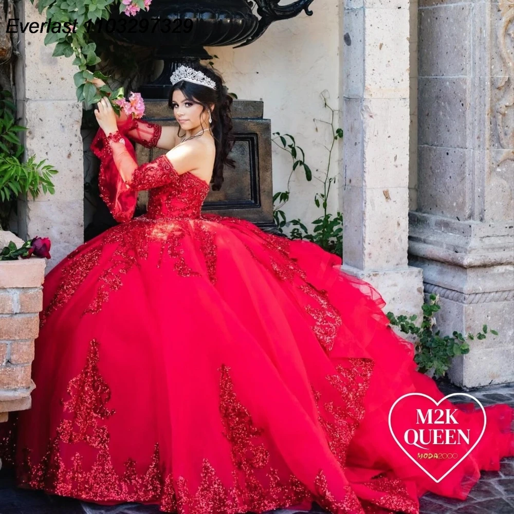 EVLAST Glitter Shiny Red Quinceanera Dress Ball Gown manica lunga Applique a strati perline Sweet 16 Vestidos De 15 Anos TQD782