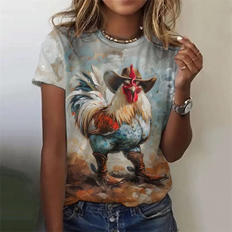 Kreskówka kurczak wzór T Shirt dla kobiet śmieszne zwierzę 3D drukowane krótkie rękawy letnie koszulki ponadgabarytowe t-shirty topy z okrągłym dekoltem