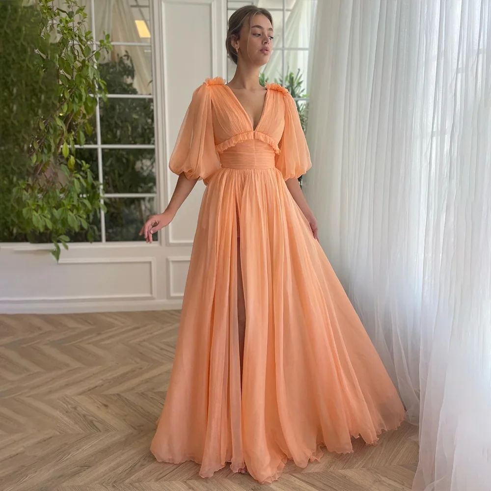 

Coral Chiffon Evening Dresses with Slit Long Sleeve V Neck Fairy Prom Party Dress A Line Floor Length Formal Evening Gown