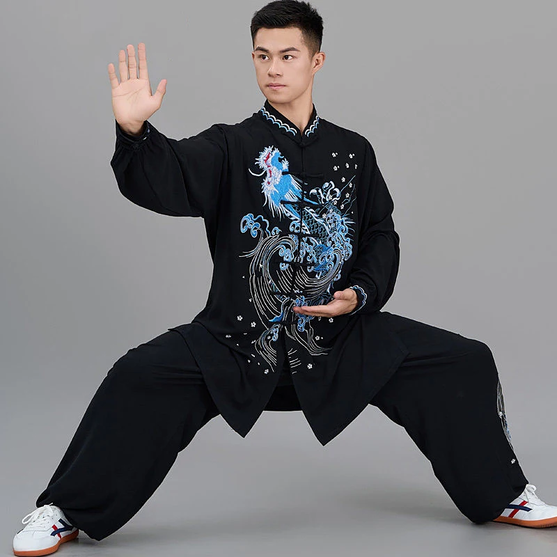 Custom Navy Blue Soaring Dragon Tai Chi Suit, Double Silk Linen Spring/Autumn Practice & Performance Wear