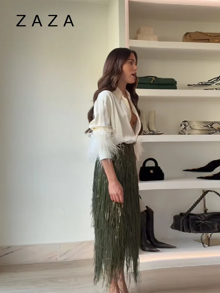 Zaza Chic fiesta vacaciones falda con borlas verdes para mujer paquete de cintura baja faldas de hierba de imitación a la cadera 2025 nueva señora prendas de vestir de calle