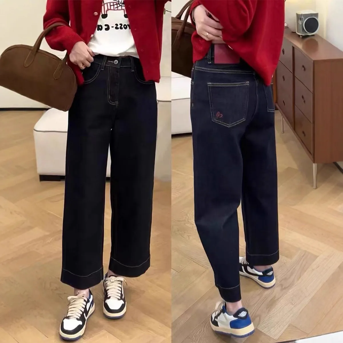 

Эластичные джинсы с высокой талией и широкими штанинами для женщин, весенне-осенние, прямого кроя, стройнящие, удобные, свободного кроя, джинсовые брюки длиной 7/8