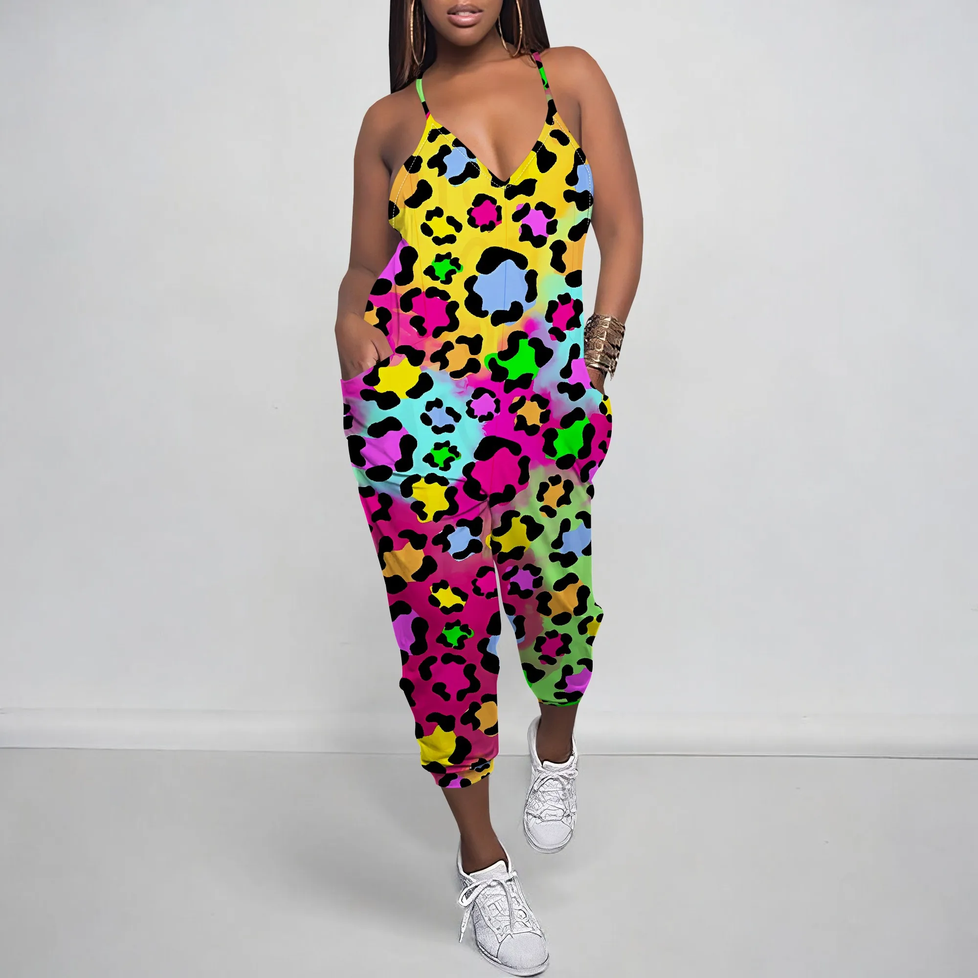 

Nupusa Colorful Leopard Print Jumpsuit for Women Standard Size Summer Casual Spaghetti Strap Wide Leg Jumpsuit