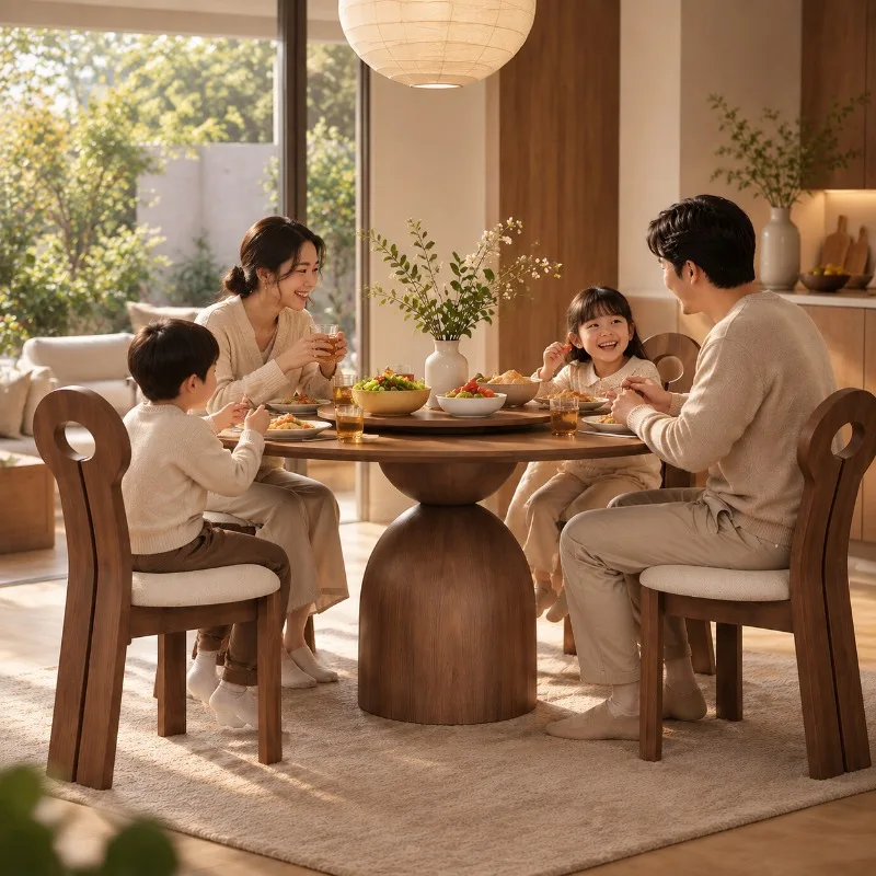 Solid Ash Wood Round Dining Table Modern Pedestal Base Wooden Kitchen Table Japandi Style Furniture 6 Seater Lazy Susan Table