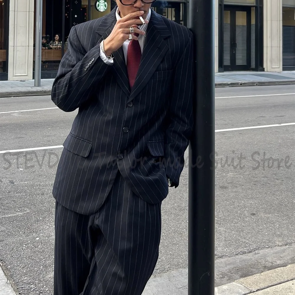 

Black Striped Handsome Men Suits 2 Pieces Chic Peak Lapel Business Casual High Street Front Flat Straight Prom Party Outfit