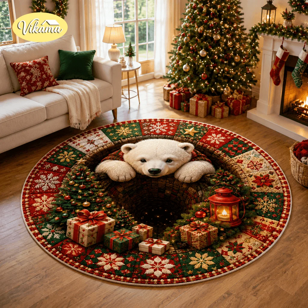 VIKAMA 3D Visual Plane Pattern Christmas Carpet, Round Shape, Living Room And Bedroom Crystal Velvet Bedside Rug Home Decoration