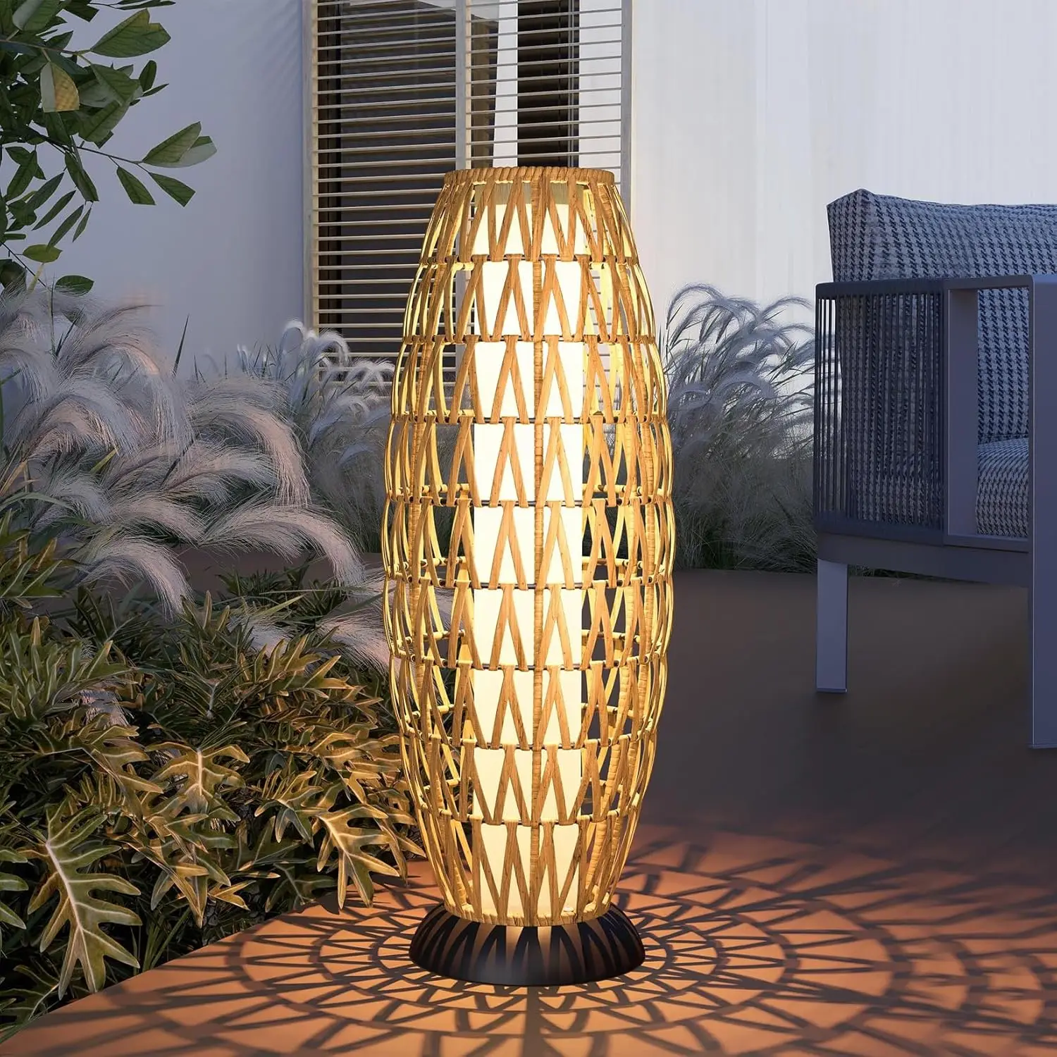 

Outdoor Solar-Powered Woven Wicker Boho Lantern Floor Lamp, Decoration for Deck Garden, Pathway,