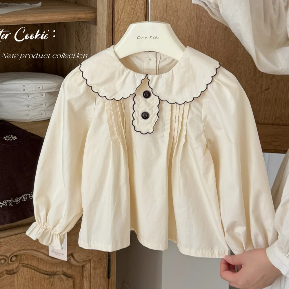 Girls Shirt 2026 Spring and Autumn New Children's Clothing Korean Girl Baby Round Neck Petal Collar Leisure Apricot Doll Shirt