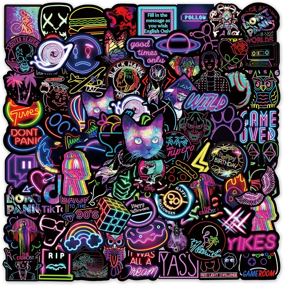 10/30/50/100pcs Mixed Neon Light Cartoon Stickers Colorful Waterproof Decals DIY Guitar Laptop Helmet Aesthetic Graffiti Sticker