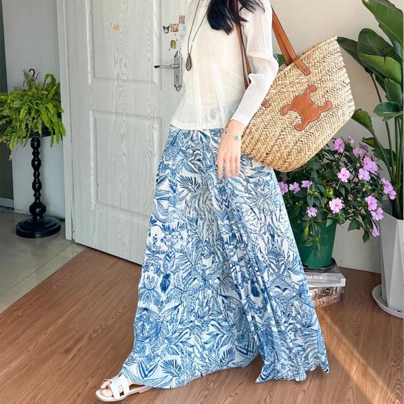 Pantaloni a pieghe Miyake Set 2025 Nuovi pantaloni a gamba larga stampati Celadon Plisse Fold Premium Sense Casual Cardigan trasparente Top da donna