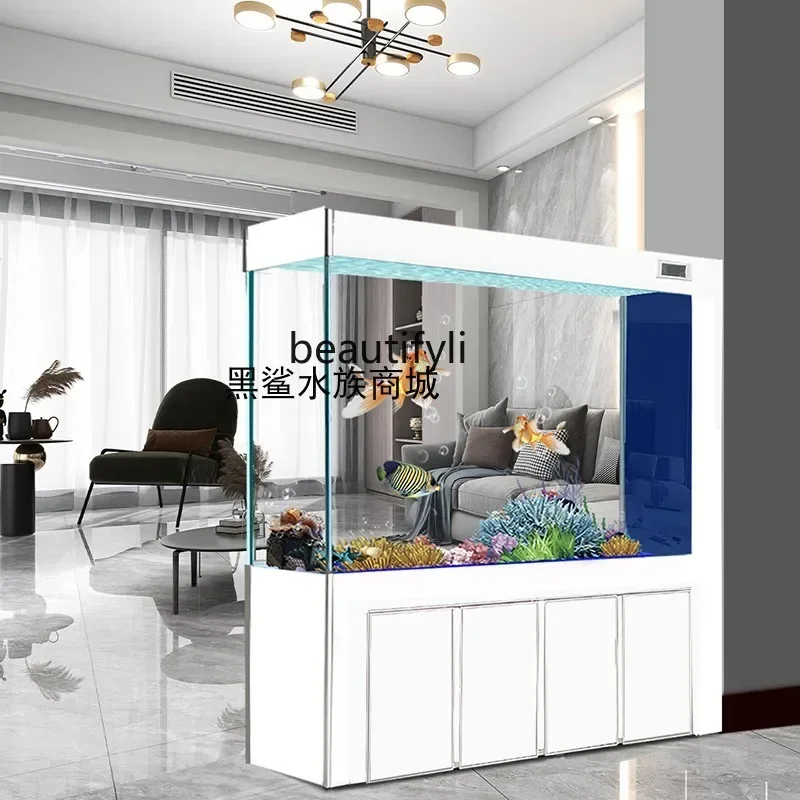 Light luxury fish tank living room large floor screen partition ultra-white glass aquarium bottom filter  HY