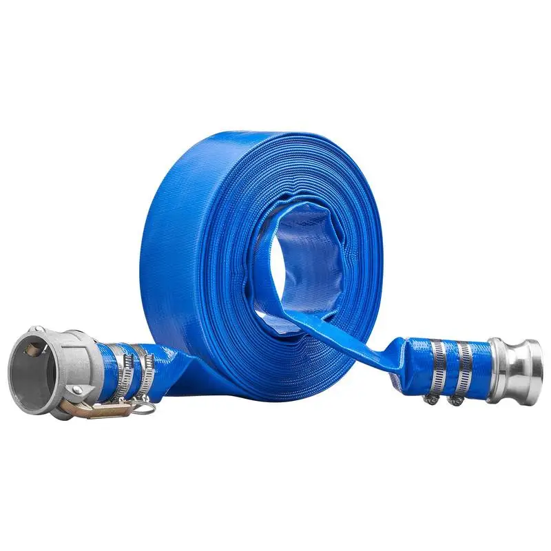 Industrial hose 50.8mm x 15.24m flat PVC hose, fire hose 58 PSI (4 bar) working pressure, wastewater hose 174 PSI (12 bar) burst pressure, construction hose with Camlock C/E fittings, 4 clamps