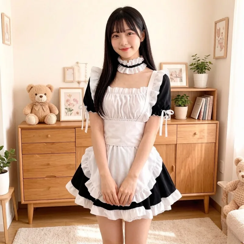 Cute Japanese Maid Outfit Sweet Lolita Cosplay Costume Black White Uniform Full Set Gothic Lace Party Halloween Stage Wear