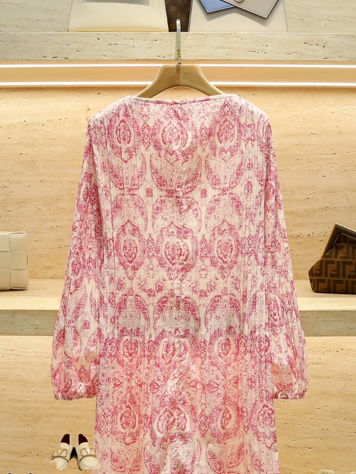 Mホームナンユー高級婦人服ピンク花柄プリントギャザーウエストドレス春秋シーズンファッションハイウエストAラインスカート