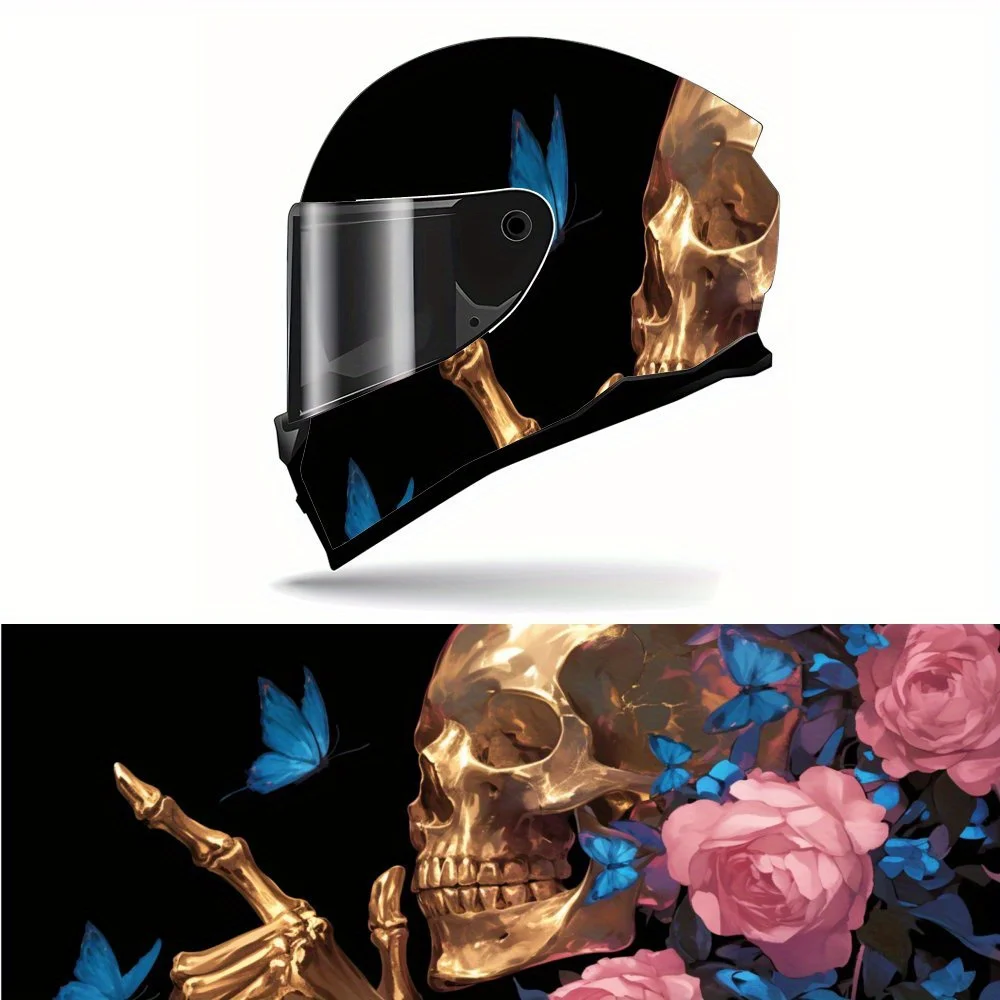 

Majestic Golden Skull and Graceful Blue Butterflies PVC Motorcycle Helmet Vinyl Wrap, Self-Adhesive Waterproof Sticker, Anti-Scr