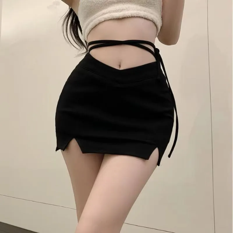 

Summer High Waist Lace Up Skirt For Women Fashion Sexy Slim Fit Bodycon Split Skirts 2025 New Black All-match Faldas Mujer