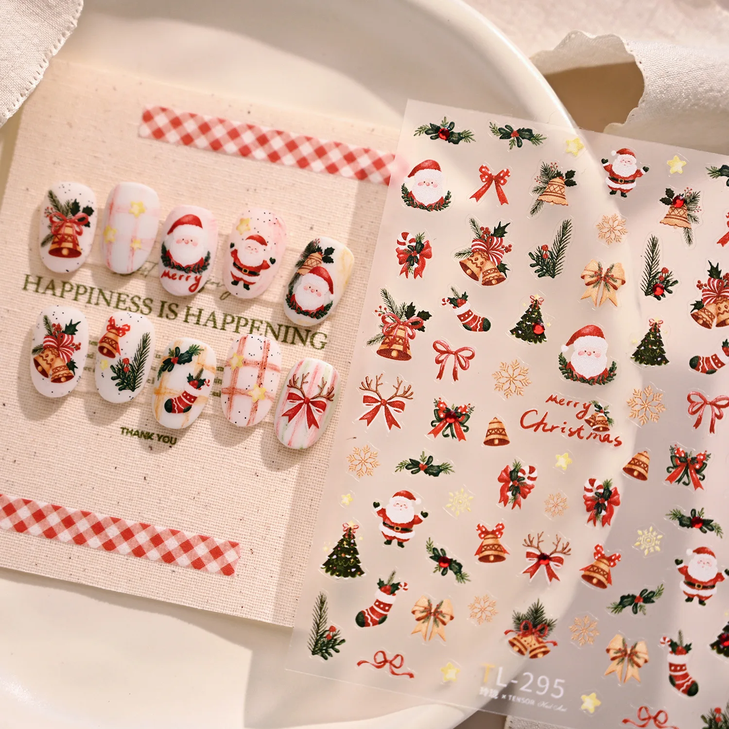 Red Rhinestone Cute Santa Claus Christmas Tree Snowflake Candy Canes Jingle Bells Bows 3D Nail Art Stickers Xmas Manicure Decals