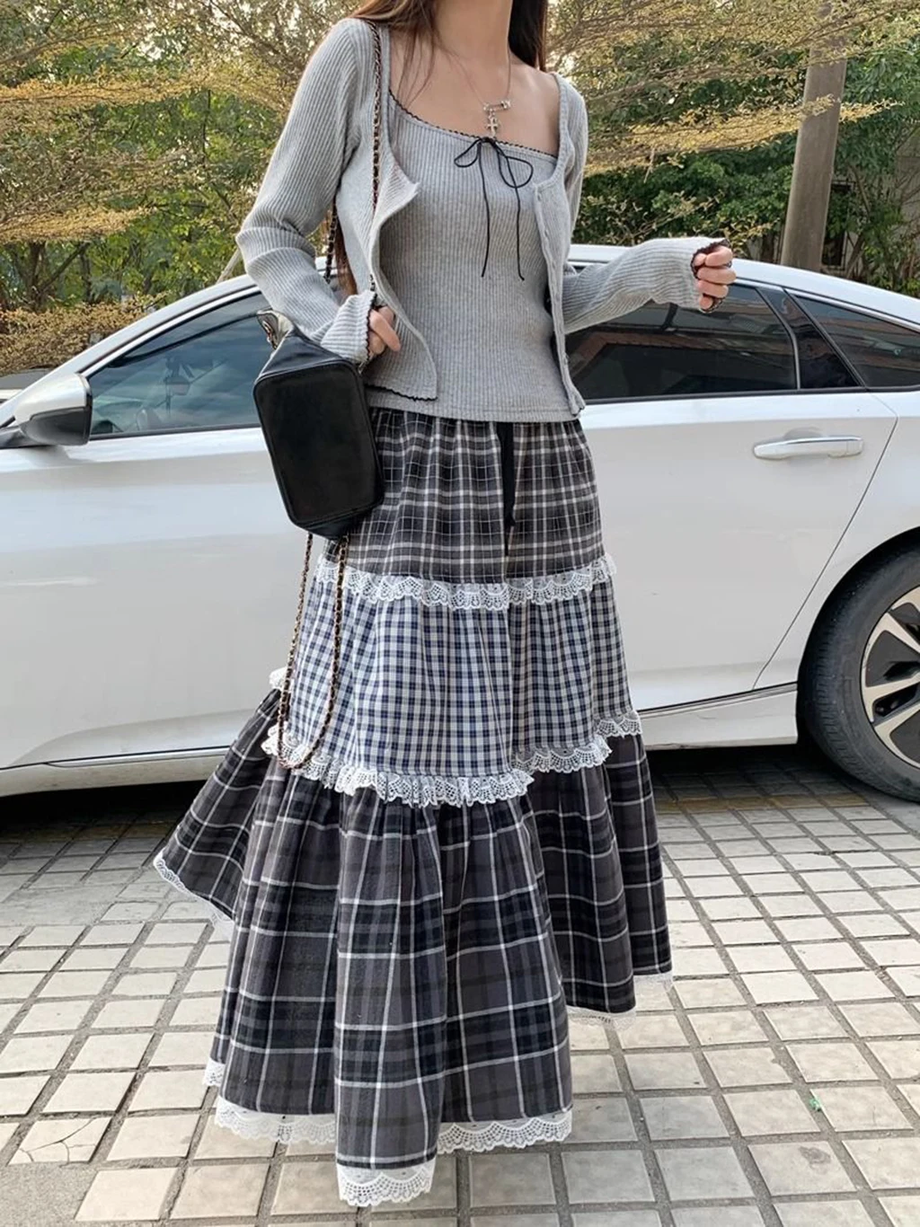 

Long Skirt for Women's Patchwork Lace Plaid Jupe 2025 Faldas Mujer High Waist Loose Saia Summer Casual Fashion Vintage Skirts