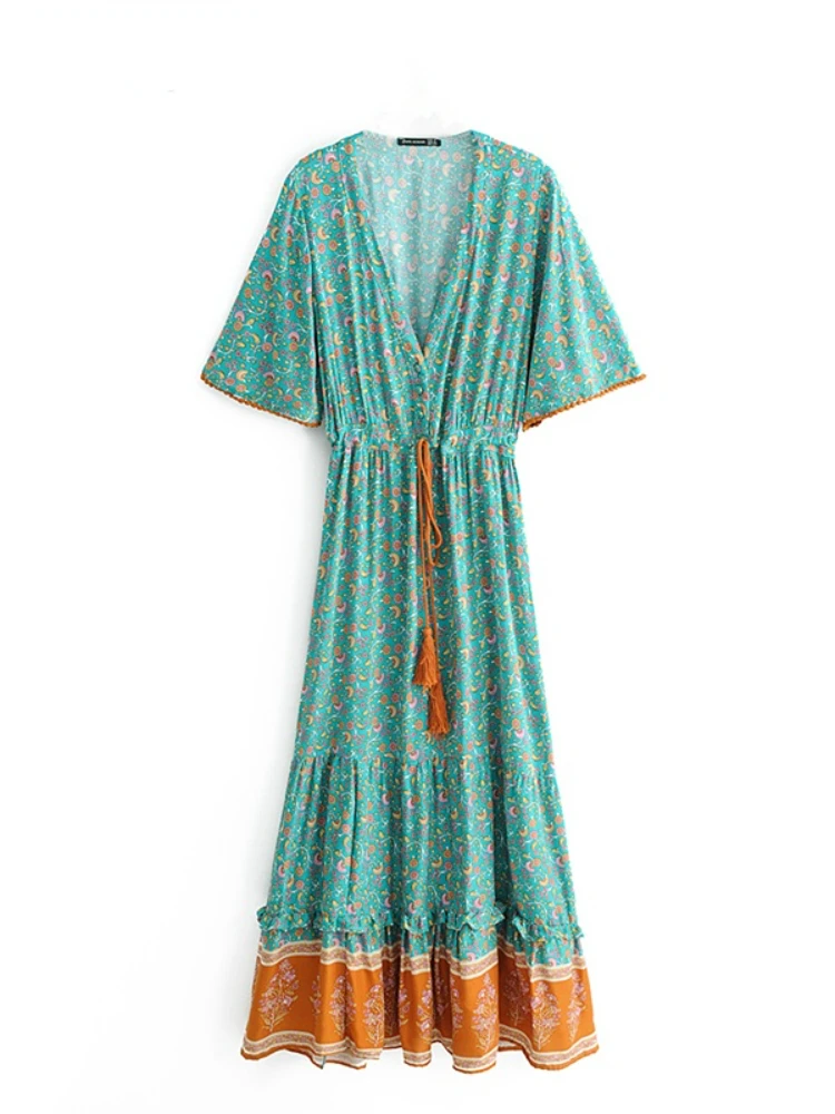 Vintage Chic Fashion Women Floral Print V-neck Rayon Cotton Bohemian Maxi  Dresses Ladies V Neck Tassel Summer Beach Boho Dress - AliExpress 200000345