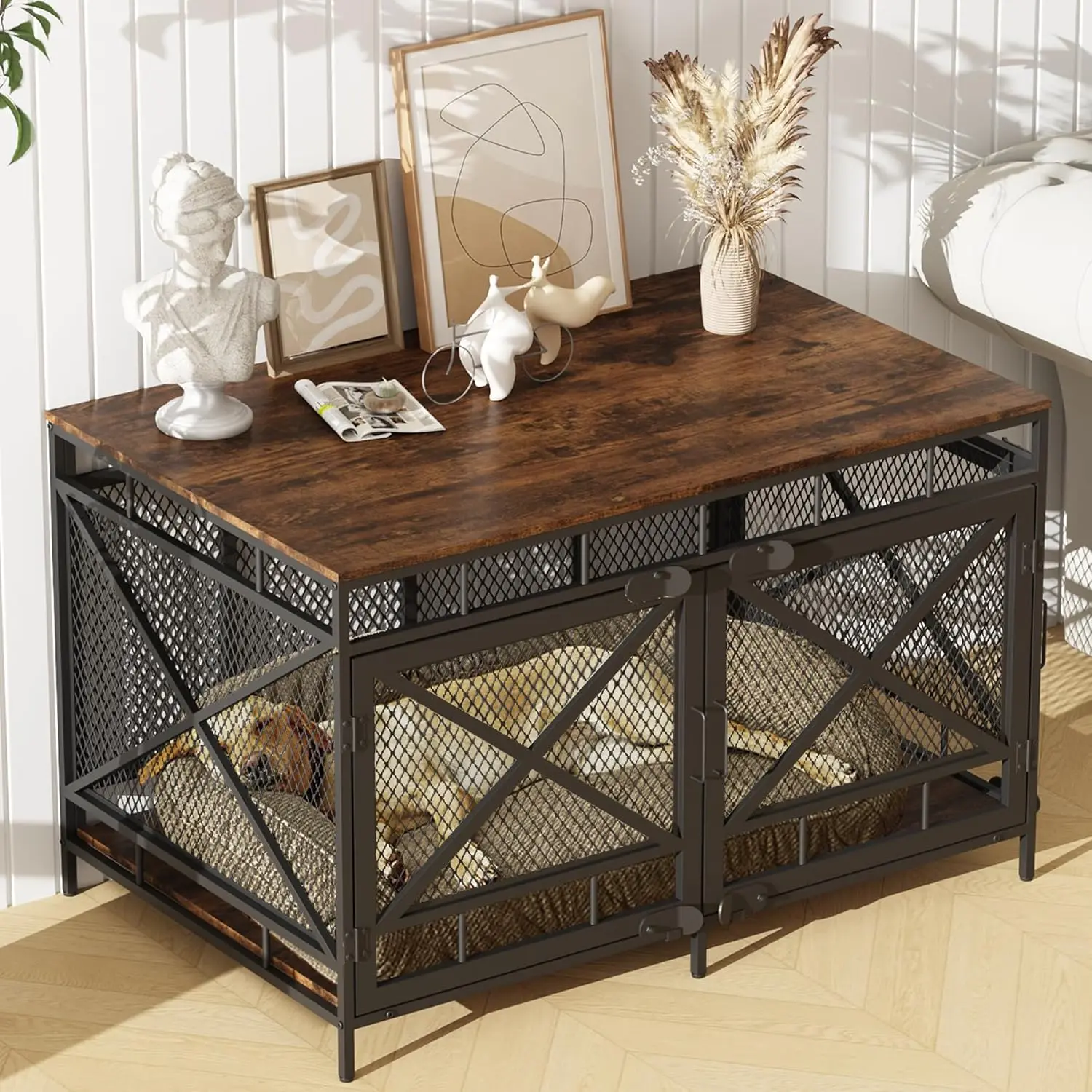 

Dog Crate Furniture, Dog Kennel for Small Medium Large Breed, Heavy Duty 43" Large Corner Dog Crate, Indoor Pet Cage with Side D