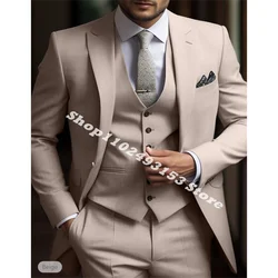 Male Formal Beige Wedding Groom Suits For Men Slim Fit Best Men Blazer Business Groom Tuxedos Jacket+Vest+Pants Trajes De Hombre