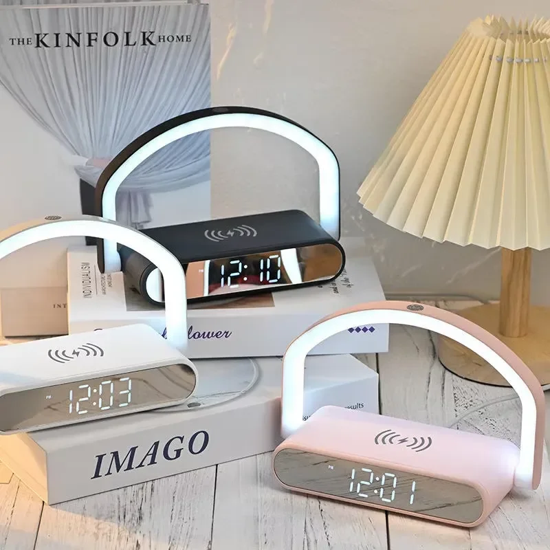 Smart LED Mirror Alarm Clock with Wireless Fast Charging Desktop Digital Time Display Luminous Night Light for Bedroom Decor