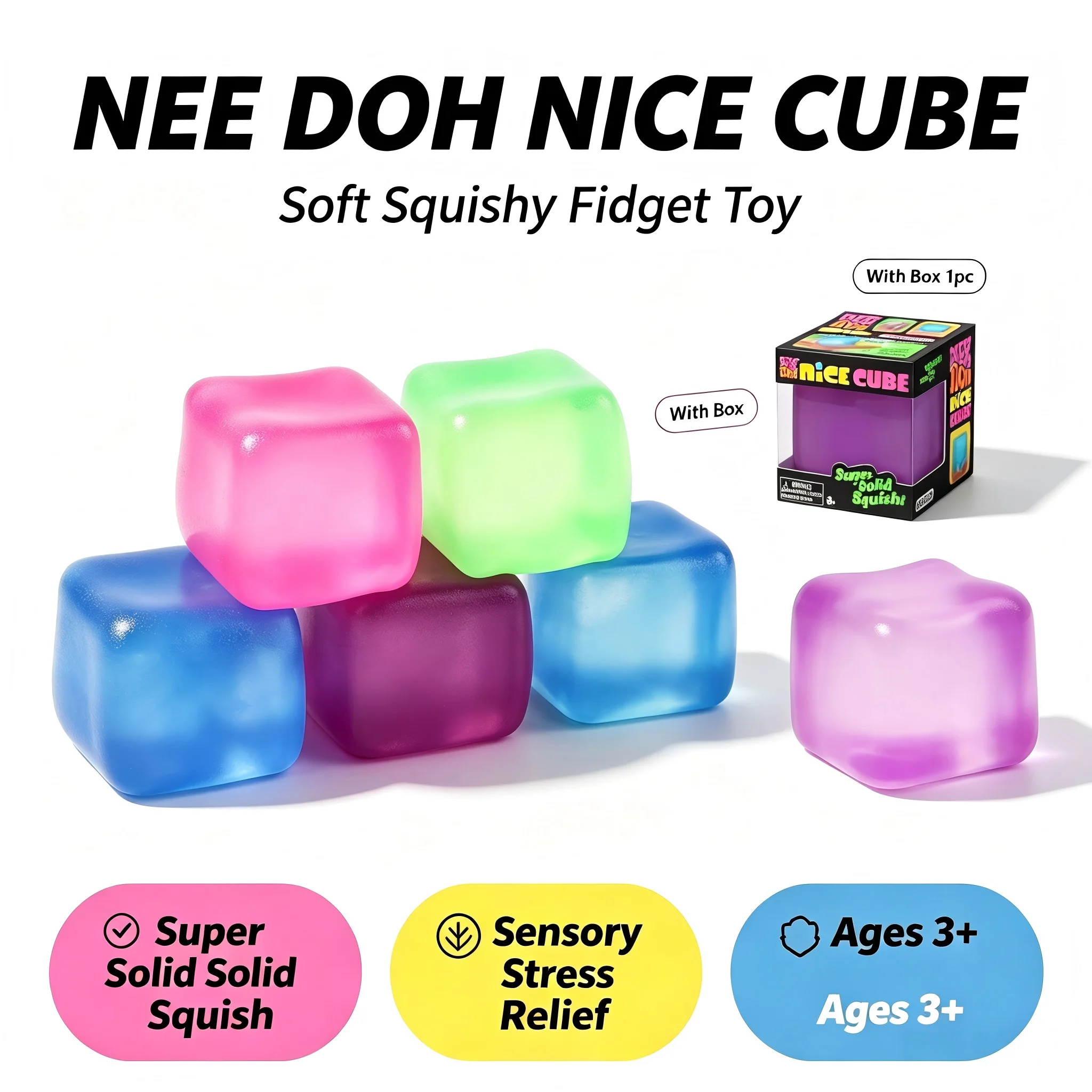 Ice Cube Squishy Fidget Toy, Soft Resilient Stress Relief Squeeze Cube Toy, Automatic Rebound Sensory Anxiety Relief Toy, Non-Toxic Portable Desk Fidget Nee Doh Cube for Kids s Classroom Office Relax Gift Random Multicolor Pudding Toy