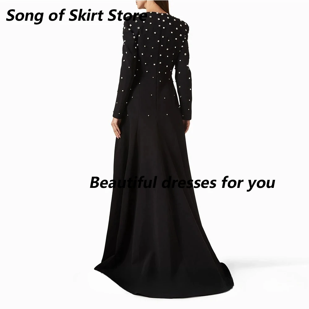 فستان سهرة أسود مخصص بياقة دائرية وأكمام طويلة على شكل حرف A من الجيرسيه مطرز بالخرز فساتين سهرة فاخرة بطول الأرض فستان رسمي للحفلات #2