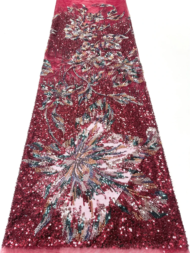 Luxury African Handcrafted Heavy Beaded Lace Fabric 2026 High-Quality Nigerian Sequined Beaded Lace Fabric Suitable for Weddings