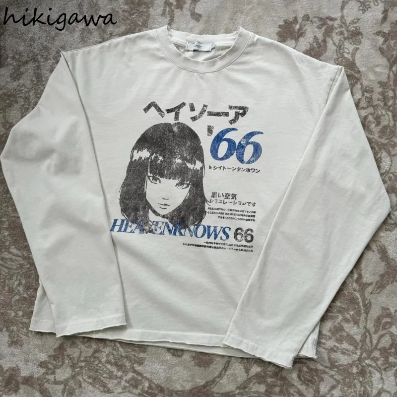 تي شيرت نسائي أبيض موديل 2025 بأكمام طويلة ورقبة دائرية تي شيرت غير رسمي أنيق ياباني Camisetas ملابس الشارع الشهير قميص قطني كبير الحجم
