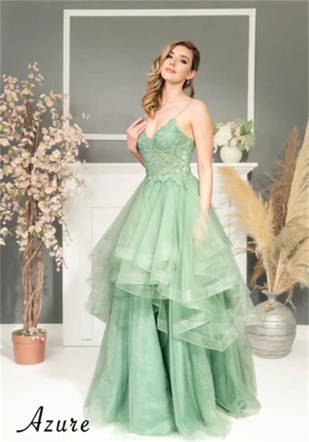 Annie-Robe de mariée trapèze brodée en tulle moelleux vert, robes de Rhélégantes, corset, occasions formelles, robes sur mesure