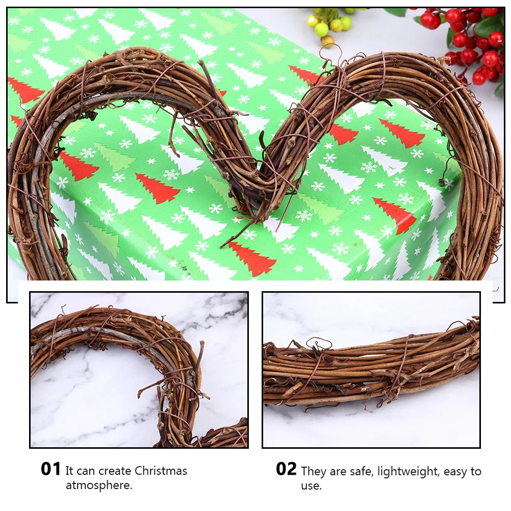 

5Pcs Heart Shaped Rattan Wreath Christmas Tree Pendant Natural Eco Friendly Decor Xmas Festival Door Wreath Rustic Hanging