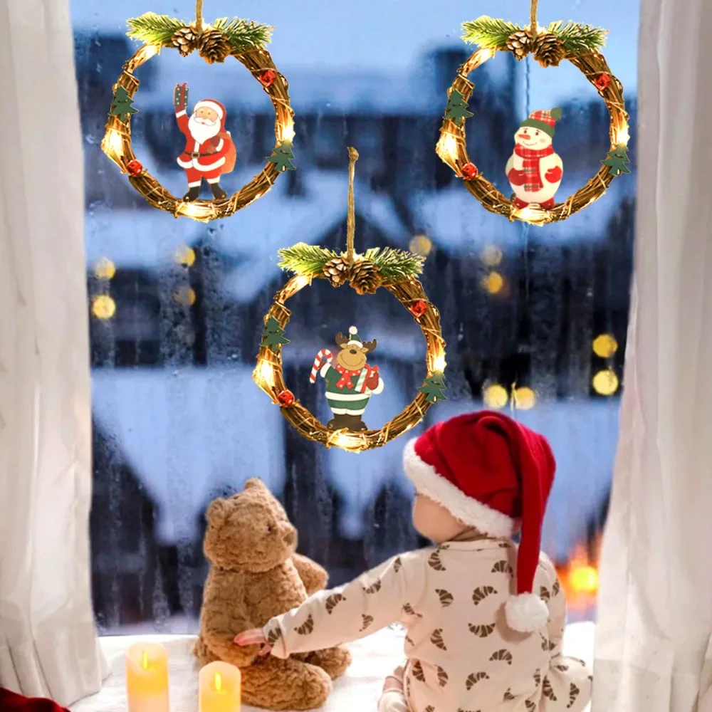 

with LED Light Christmas Wreath Elk deer Santa Claus Christmas Garland Simulation Snowman Christmas Front Door Pendant Home