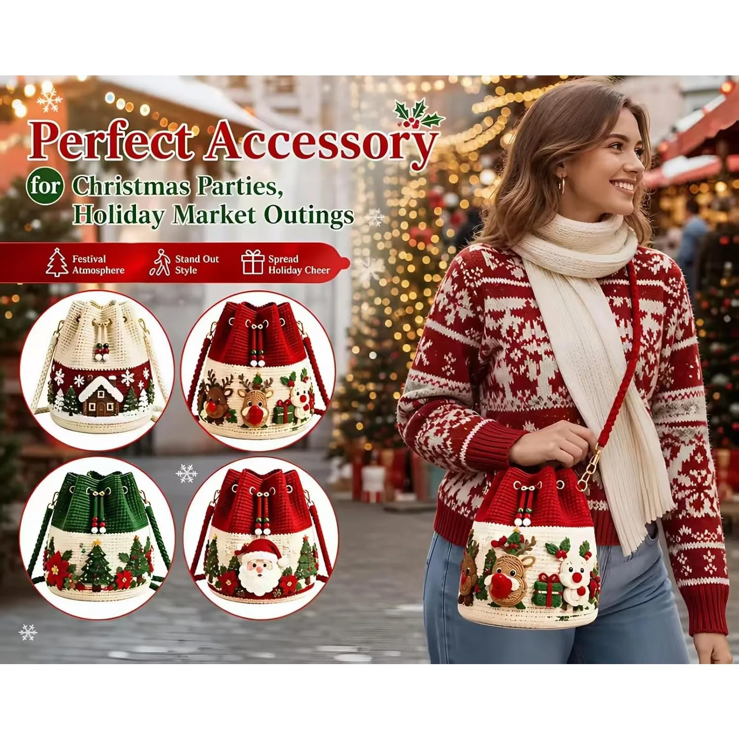 Christmas Crochet Bucket Messenger Bag with Drawstring Shoulder Bag Featuring Santa Claus Reindeer Tree and Gingerbread Patterns