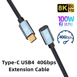 Przedłużenie USB4 typu C kabel USB przedłużacza męskiego do żeńskiego 40 gb/s Transfer danych 100W 5A przewód ładujący dla USB-C koncentratora laptopów PC