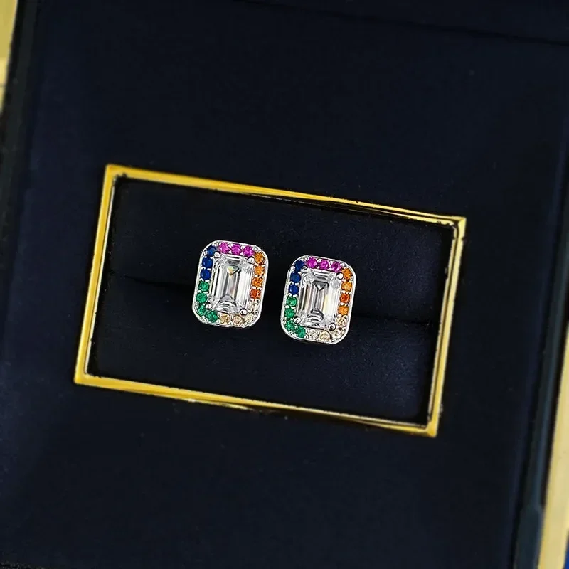 

New Silver 925 Rainbow Small Square Candy 4 * 6 White Diamond Earrings Trendy And Atmospheric European And American Style