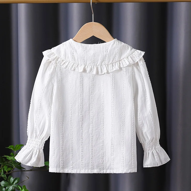 بلوزة بيضاء راقية للفتيات ملابس قميص قطني بأكمام طويلة 2025 ربيع وخريف جديد من الدانتيل برقبة مزدوجة سترة علوية #2