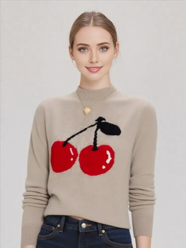 

Новый осенне-зимний модный свитер, женский вязаный шерстяной свитер с полувысоким воротником, красивый топ с фруктовой вишней, свободный универсальный пуловер