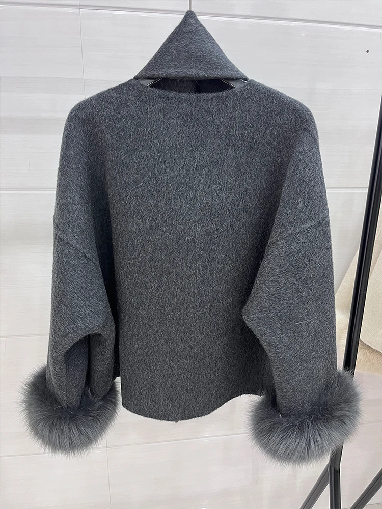 2024 Autumn Lady Overcoats Fox Fur Cuff Cashmere Wool Jacket Long Sleeve Woolen Coat Beautiful Women's Clothing Jacket