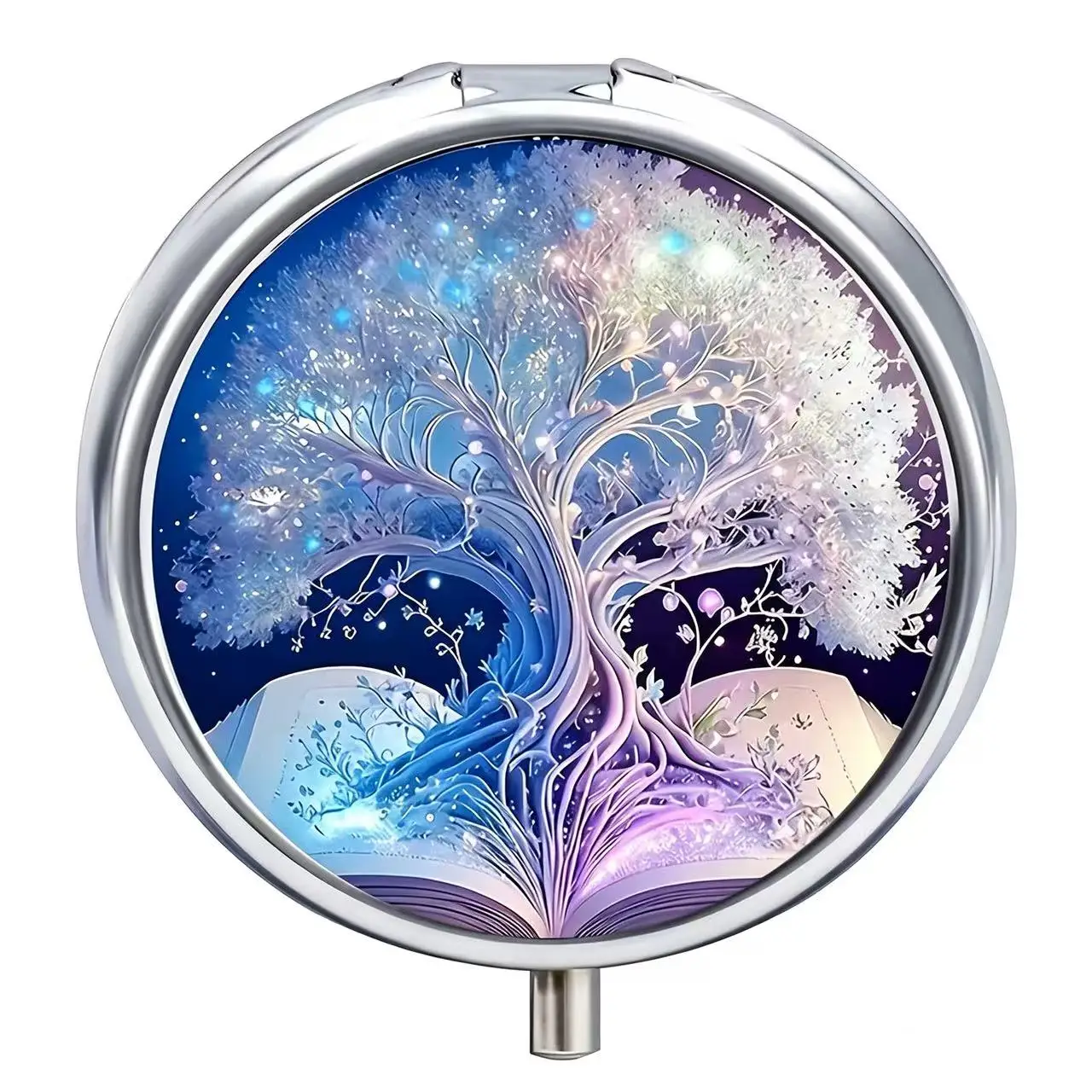 3 Compartments Round Metal Pill Box, Glitter Life Tree Print Portable Pocket Pill Case, Mini Travel Medicine Storage Container