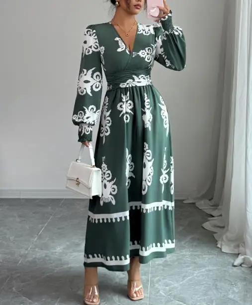 Robe longue à manches longues et col en V pour femmes, motif brodé floral avec accent de la taille et poignets à volants, robe élégante et décontractée