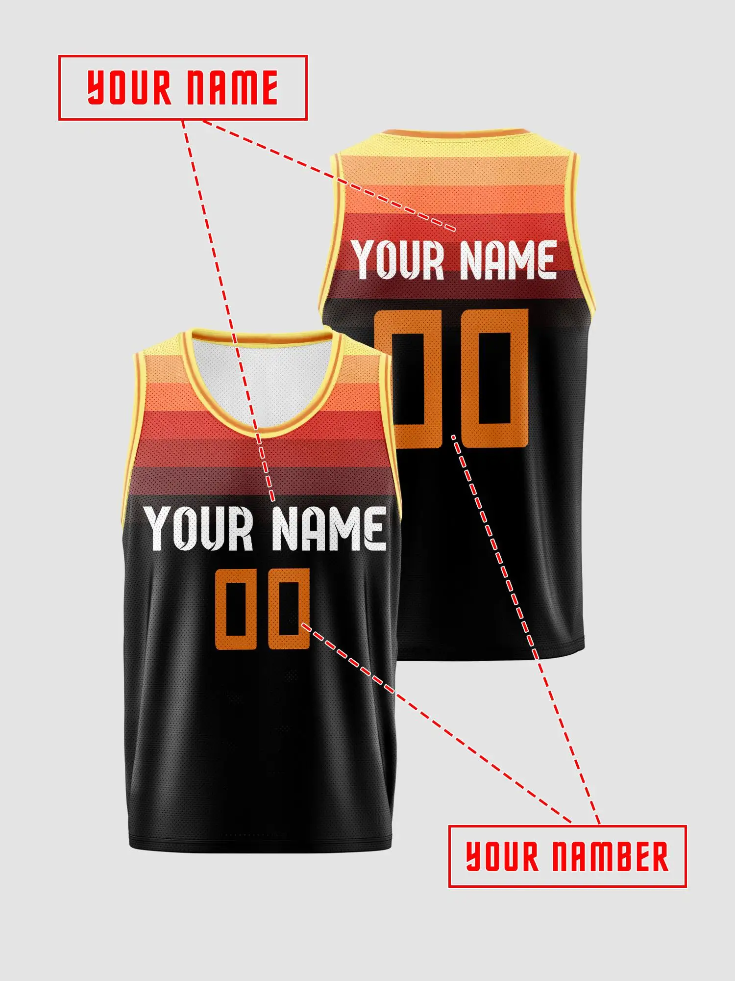 Orange‑Red Gradient Collar Custom Basketball Jersey For Adults & Kids, Breathable Mesh, Printable Name‑Number