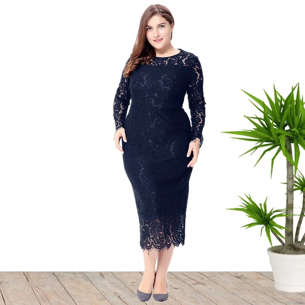 High Quality Fabric Cotton Long Sleeve Plus Size Maxi Party Evening Lace Dress For Elegant Ladies