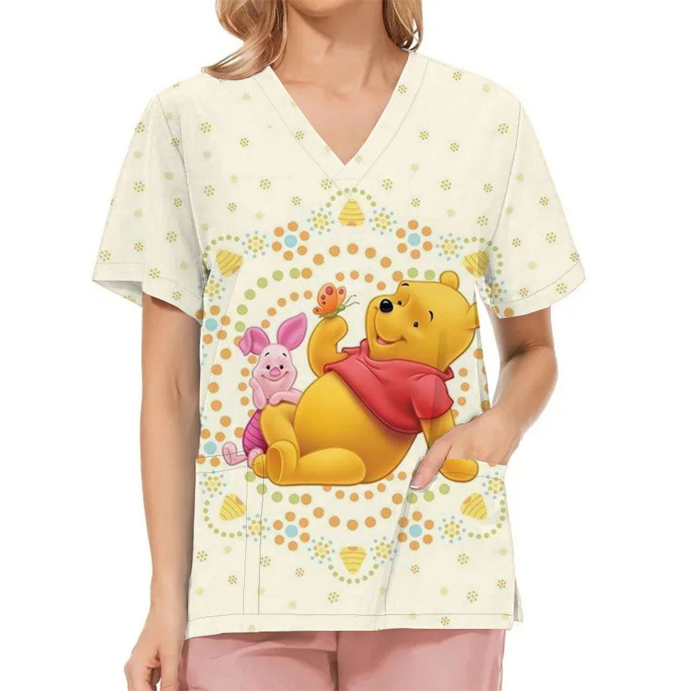 Miniso Wholesale Medical Uniforms Nurse Scrub Dental Hospital Nursing Tops Disney Winnie The Pooh V-neck Uniform Scrubs Tops