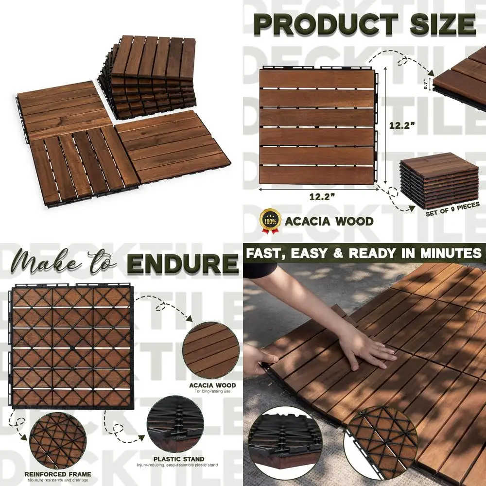 

acacia wood flooring interlocking deck tiles for patio decor 9 pcs 6 slats vr brown - waterproof indoor & outdoor decor - balcon