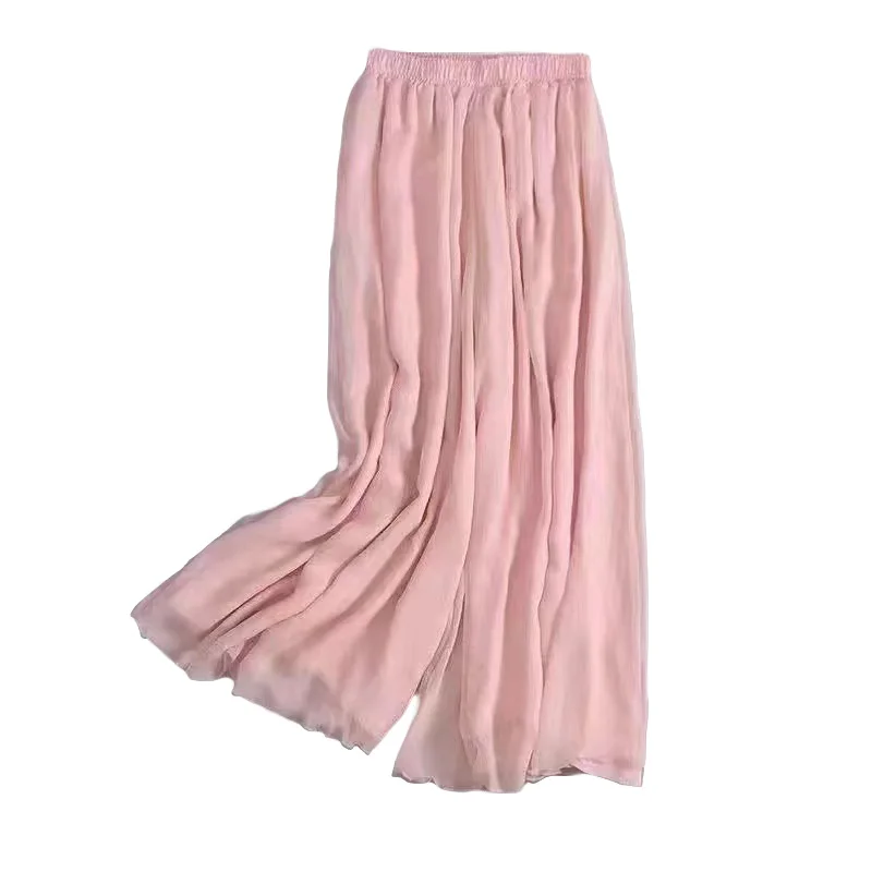 Solid Color Thin Chiffon Wide Leg Pants For Women's Summer New Elastic Waist Casual Loose And Slimming Cropped Pants Trousers