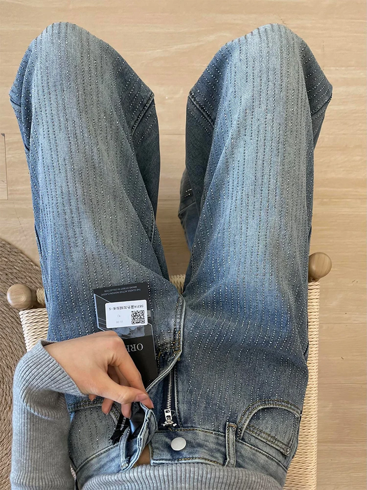 レトロな輝きのダイヤモンドストレートレッグジーンズ レディース 秋の新作 ハイウエストワイドレッグデニムパンツ 女性用通勤パンツ