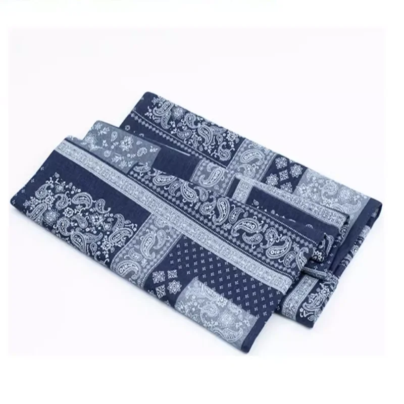 Blue Cashew Flower Ethnic Print Denim Fabric Washed Thick Material Handmade Jacket Pants Clothing Design Fabric